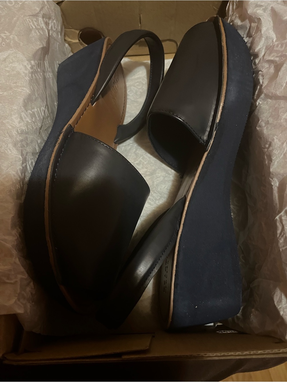 Kenneth Cole Reaction Navy Leather Open-Toe Wedge Slingback Sandal Wide - Picture 5 of 6